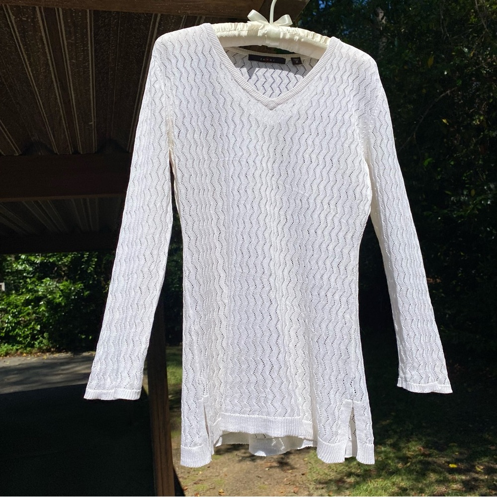 Fever lacy silk blend long sleeve V-neck sweater in white